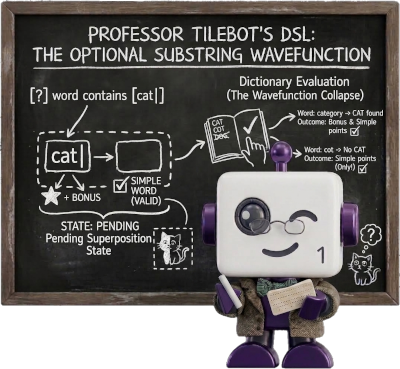 Professor Tilebot pointing at the state of the quantum [cat|] on the board.